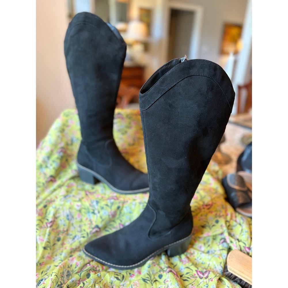 Dream Pairs Black Faux Suede Tall Western Boots Pointed Toe Block Heel Womens 9